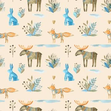 Seamless pattern of folk forest animals Fox elk rabbit Watercolor illustration Stock Photos