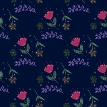 Seamless pattern with folk motif on black background. Cute little flowers wal Stock Illustration