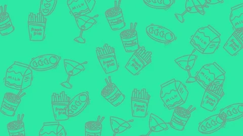 Seamless Pattern of Food and Drinks on Green Background. Stock Footage 321858060