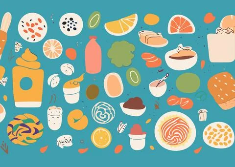Seamless pattern with food and drinks. Hand drawn vector illustration. Stock-Illustration