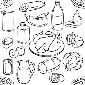 Seamless pattern of food. Freehand doodles food. Sketchy vector icons. Stock Illustration