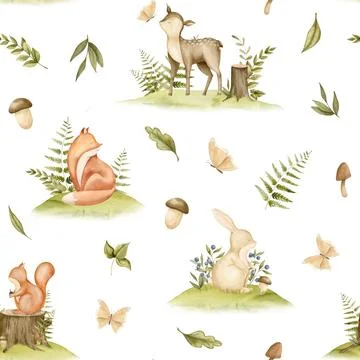 Seamless Pattern with Forest Animals and plants. Hand drawn watercolor Stock Illustration