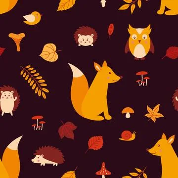 Seamless pattern with forest animals and autumn leaves Stock Illustration