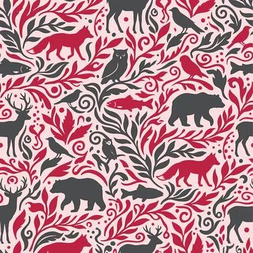 Seamless Pattern with Forest Animals and Foliage in Red and Gray. Stock Illustration