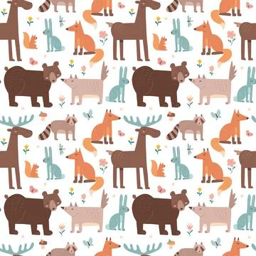Seamless pattern with forest animals - bear, raccoon, fox, rabbit, wolf, moose イラスト素材