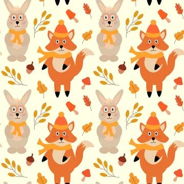 Seamless pattern with forest animals - fox with hat and scarf, hare with glasses Stock Illustration