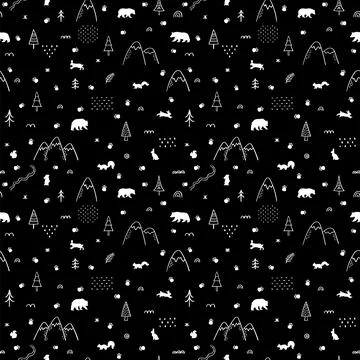 Seamless pattern with forest animals. Hand drawn background. Woodland life Stock Illustration