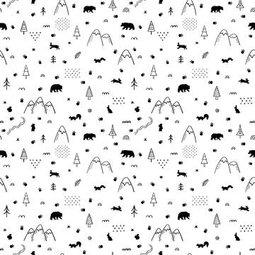 Seamless pattern with forest animals. Scandinavian style. Hand drawn backgr.. Stock Illustration
