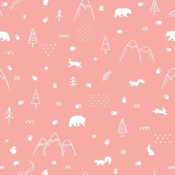 Seamless pattern with forest animals. Scandinavian style. Woodland life. Ha.. Stock Illustration
