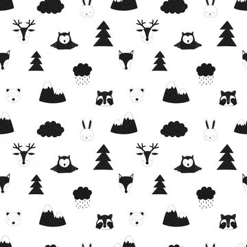 Seamless pattern of forest animals. Vector scandinavian hand-drawn children i Stock Illustration