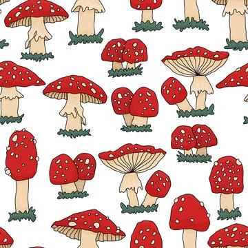 Seamless pattern forest autumn doodle amanita mushrooms on white background Stock Illustration
