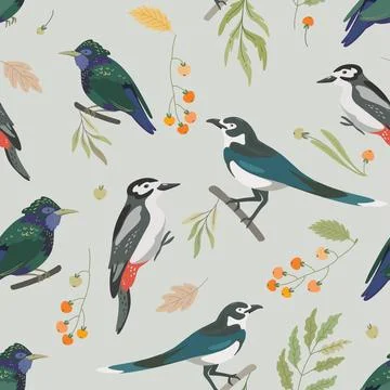Seamless pattern with forest birds, leaves, berry Stock Illustration