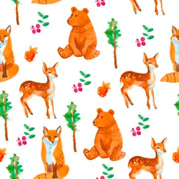 Seamless pattern with Forest cute animals on a white isolated background Stock Illustration
