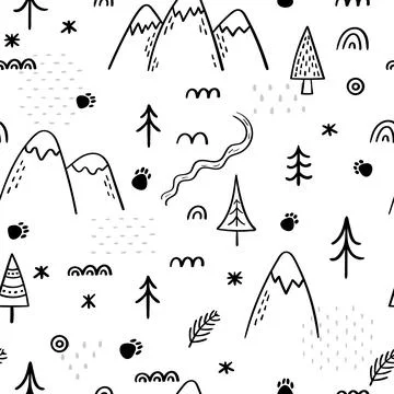 Seamless pattern with forest design. Hand drawn background. Scandinavian st.. Stock Illustration