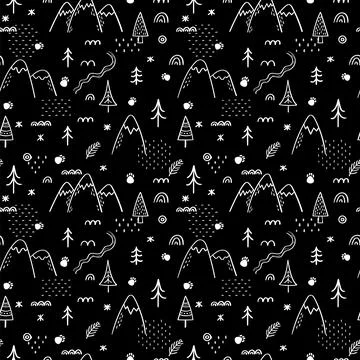 Seamless pattern with forest design. Scandinavian style. Hand drawn backgro.. Stock Illustration