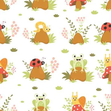 Seamless pattern forest dwellers. Cute snail on mushroom, funny toad, worm an Stock Illustration