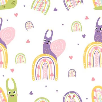 Seamless pattern forest dwellers. Cute snail on mushroom, funny toad, worm an Stock Illustration