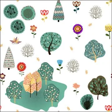 Seamless pattern with forest elements and hand drawn shapes. Childish texture Stock Illustration