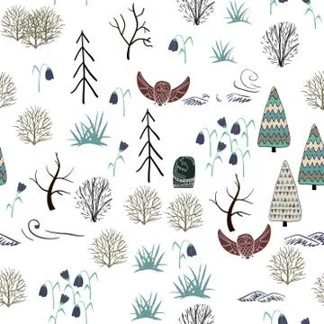 Seamless pattern with forest elements and hand drawn shapes. Childish texture Stock Illustration