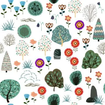 Seamless pattern with forest elements and hand drawn shapes. Childish texture Stock Illustration