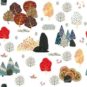 Seamless pattern with forest elements and hand drawn shapes. Childish texture 스톡 일러스트