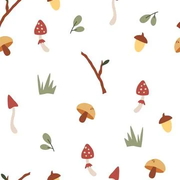Seamless pattern with forest elements. Mushrooms, fly, agaric, twigs, grass a Stock Illustration