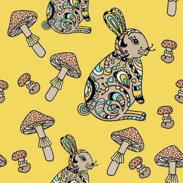 Seamless pattern with forest hare and mushroom. Stock Illustration