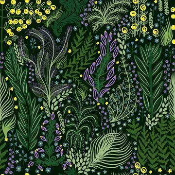 Seamless pattern forest herbs and flowers. Wild plants pattern. Dark green ba Stock Illustration
