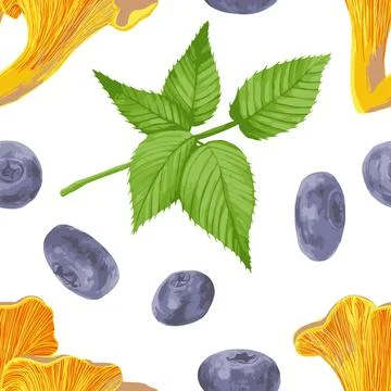 Seamless pattern Forest mushroom Chanterelle blackberry leaf blueberry Stock Illustration