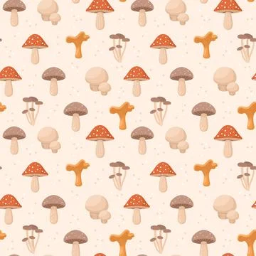 Seamless pattern with forest mushrooms on a beige background Stock Illustration