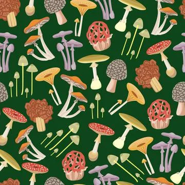 Seamless pattern with forest mushrooms flat cartoon vector illustration. 스톡 일러스트