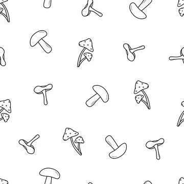 Seamless pattern with forest mushrooms. Vector doodle illustration, autumn .. Illustrazione stock