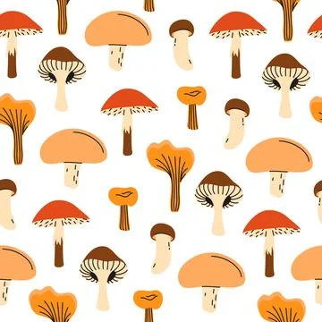 Seamless pattern with forest mushrooms. Vector illustration on a white backgr Illustrazione stock