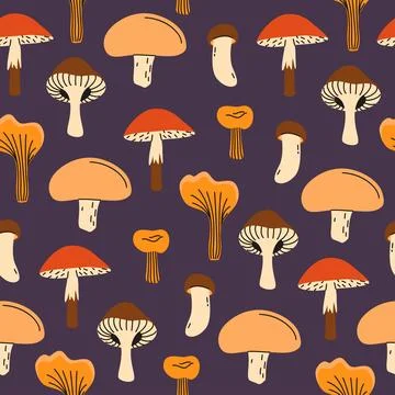 Seamless pattern with forest mushrooms. Vector illustration on a dark backgro Illustrazione stock