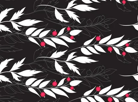 Seamless pattern with forest red berries and white leaves. Elegant floral Illustrazione stock