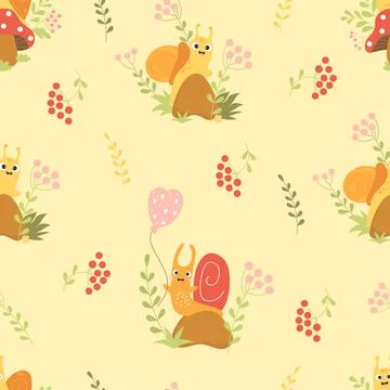 Seamless pattern with forest snails. Cute clam on mushroom and happy snail on Illustrazione stock