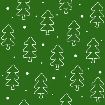 Seamless pattern forest trees in doodle style on green background. Wrapping Stock Illustration