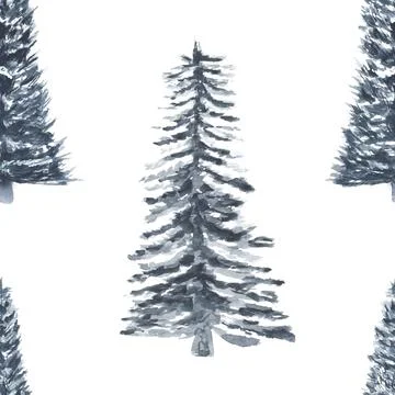 Seamless pattern with forest trees. Watercolor illustration on a white isolated Stock Illustration