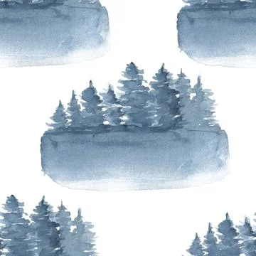 Seamless pattern with forest trees. Watercolor illustration on a white isolated Stock Illustration