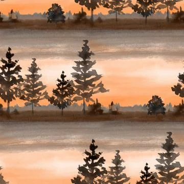 Seamless pattern with forest. Watercolor Stock Illustration