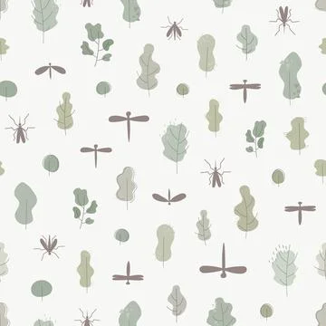 Seamless pattern with forester insects, beetles, trees. Vector illustration for Stock Illustration