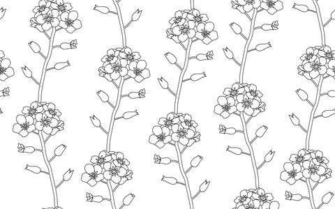 Seamless pattern with forget-me-not flowers, a branch of Myosotis contour flo イラスト素材