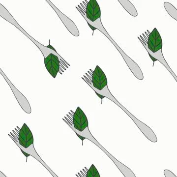 Seamless pattern with forks and green leaves on white background for vegan menu Illustrazione stock