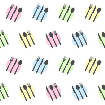 Seamless pattern - forks, spoons and knives in circles. Restaurant pattern. イラスト素材