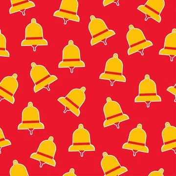 Seamless pattern in the form of golden bell stickers on a red background. Stock Illustration