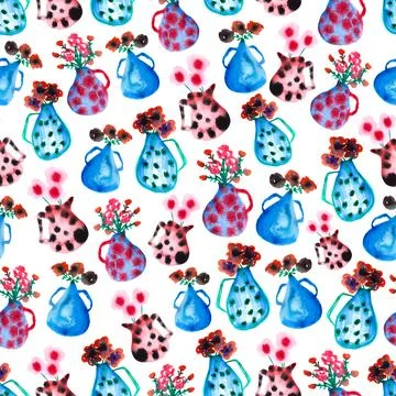 Seamless pattern of four cute watercolor vases with flowers, hand painted Stock Illustration