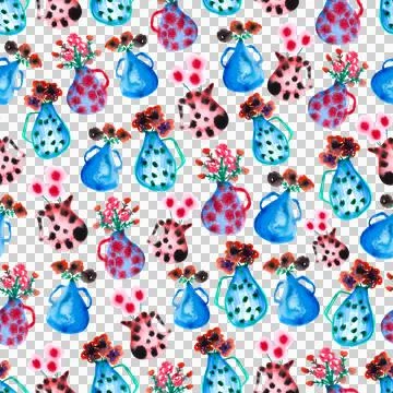Seamless pattern of four cute watercolor vases with flowers, hand painted Stock Illustration