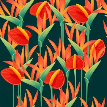 Seamless pattern of four decorative flowers Bird of Paradise floral element for Stock Illustration