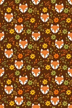 Seamless pattern with fox and flowers on brown background Stock Illustration
