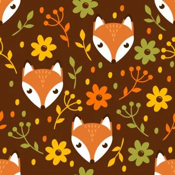 Seamless pattern with fox and flowers on brown background Stock Illustration